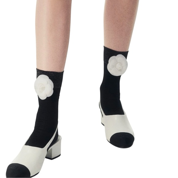 Like New! Chanel Socks Black and White Socks with Flower Detail. - Picture 1 of 6